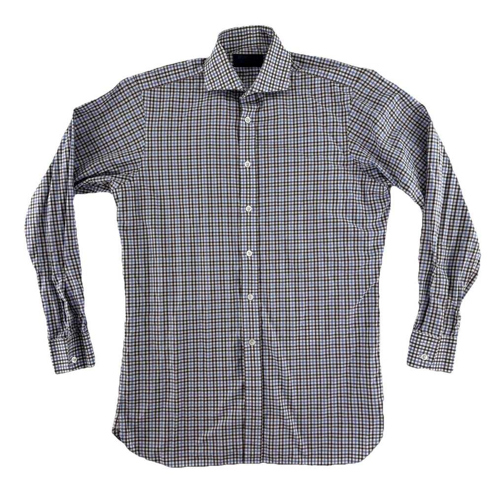 Hilditch & Key Contemporary Button‎ Up Dress Shirt Mens 15.5 Brown Blue Plaid